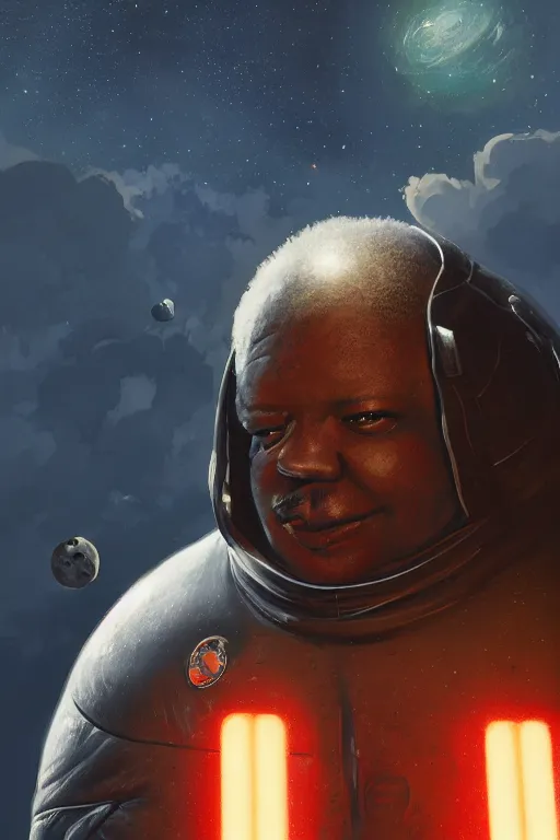 Image similar to portrait of a black man as baron harkonnen wearing leather spacesuit, detailed, sunshine, nebula space background, illustration by normal rockwell, artstation character art, adebanji alade, concept art, greg rutkowski