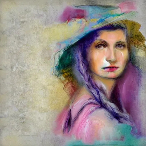 Prompt: mixed media collage half-lenght portrait of a woman with an interesting maximalist hat. in soft pastel tones. textures. matte background HD