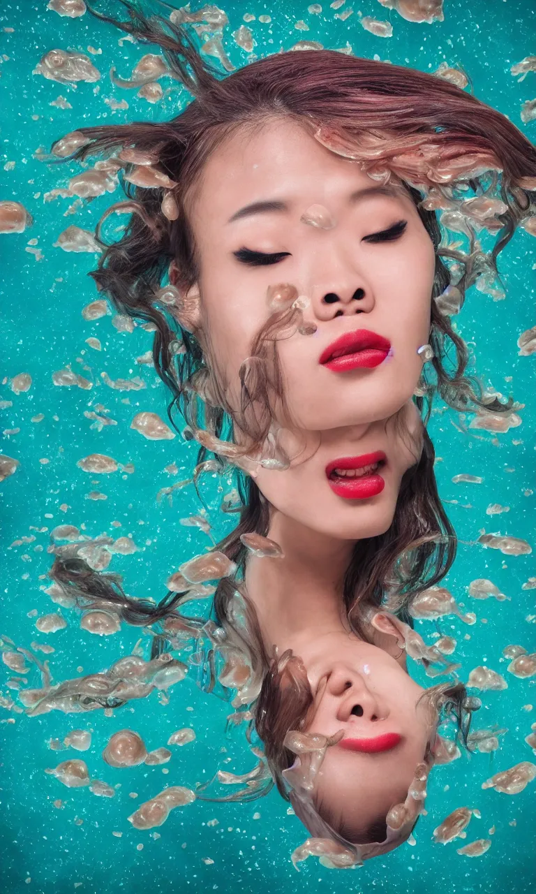 Prompt: head fish Chinese woman body surrealistic mermaid, half fish half Chinese woman , fish head, diving in the air rounded by jelly clouds made by national geographic underwater photographer 4k, 8k,