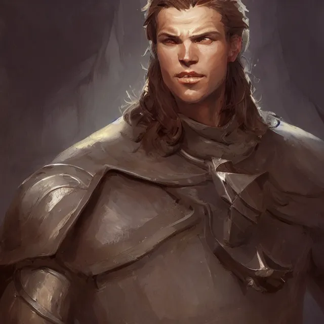 Prompt: christof romuald is a renowned brujah and a former crusader knight, lon - hair, crusader, beautiful young man, brown hair, brown eyes, without beard, without mustache, by stanley artgerm lau, wlop, rossdraws, frank frazetta, andrei riabovitchev, marc simonetti