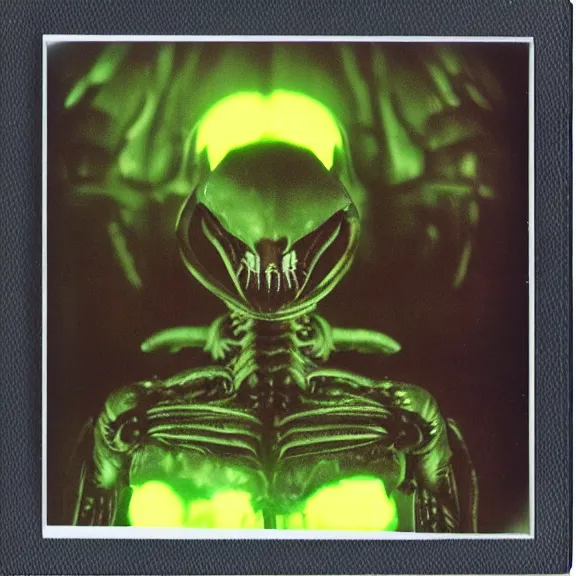 Image similar to a polaroid picture of a xenomorph with fluorescent flesh, polaroid pic by giger