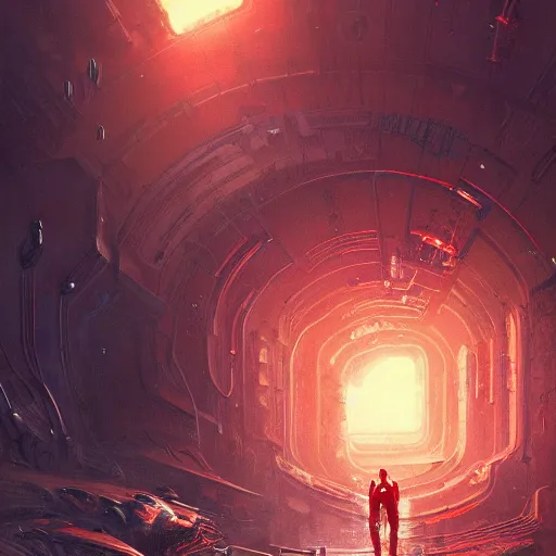 Image similar to scifi art by Greg Rutkowski, a person infected with a kind of reddish sienum that is sprouting from all over his body, violent and vicious appearance, dressed in a futuristic mining space suit, claustrophobic science fiction setting inside a desolate space colony, detailed and intricate environment, high technology, digital painting, artstation, concept art, smooth, sharp foccus ilustration, Artstation HQ.