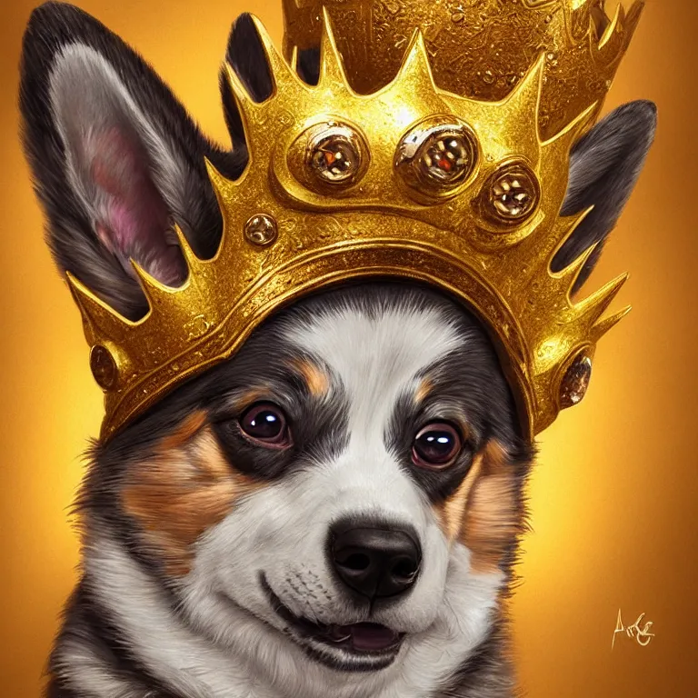 Image similar to highly detailed illustration of a portrait of a derpy corgi wearing a glinting golden crown, artstation, cinematic lighting, hyperdetailed, cgsociety, 8k, high resolution, art by artgerm, insanely detailed and intricate