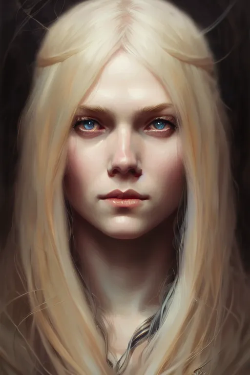 Image similar to Close-up portrait of young nordic girl, long blonde hair, dark fantasy, portrait, highly detailed, digital painting, artstation, concept art, sharp focus, illustration, art by artgerm and greg rutkowski and alphonse mucha