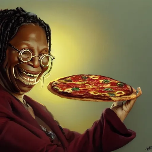 Prompt: portrait of whoopi goldberg opening his mouth to eat pizza, highly detailed, digital painting, artstation, concept art, sharp focus, illustration, art by artgerm and greg rutkowski and alphonse mucha