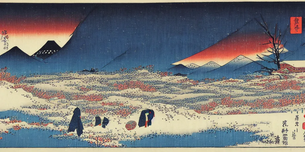 Prompt: snow field scenery at night, snowy and windy, with some tombs and blood in the front, by hiroshige utakawa, ukiyoe