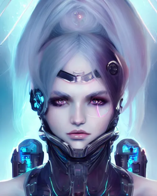 Image similar to holy cyborg necromancer girl, elegant, perfect face, scifi, futuristic, utopia, garden, illustration, atmosphere, warframe, blue eyes, white hair, focused, artstation, nier automata, highly detailed, art by yuhong ding and chengwei pan and serafleur and ina wong