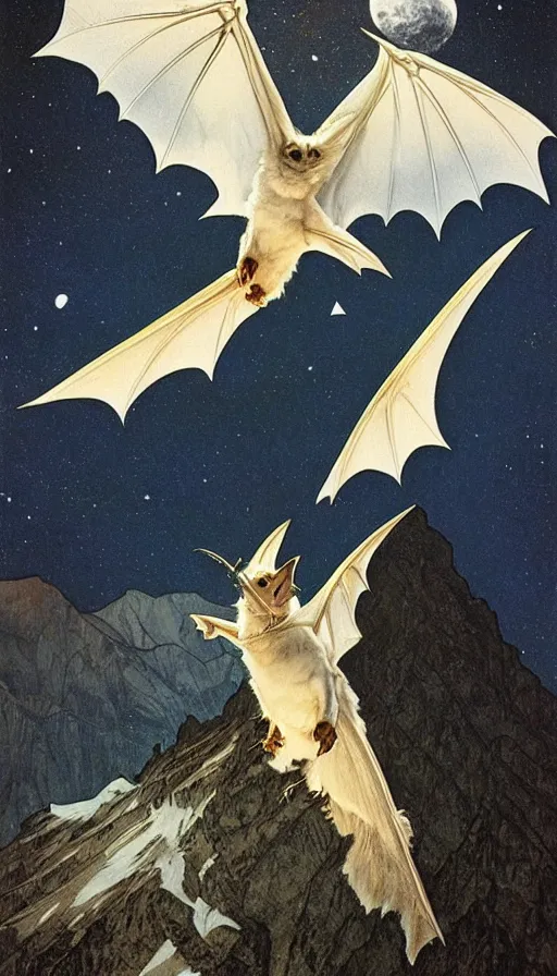 Image similar to hyper realistic white bat, flying against a dark black night sky, mountain in the background, moonlight, denoised, very detailed, painted by james gurney, alphonso mucha, norman rockwell, tom bagshaw