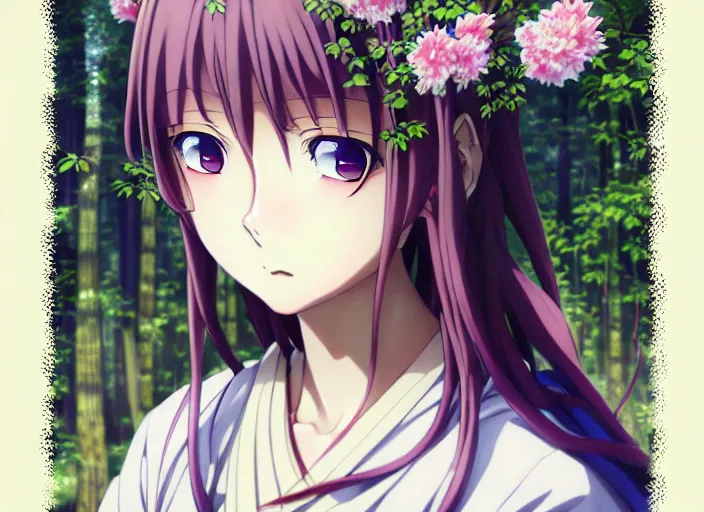 Image similar to anime portrait of the priestess in the forest,loish ,omoide emanon, tsuruta kenji, murata range,kawaii, kyoto animation, manga,katsura masakazu, intricate, detailed, studio lighting, gradation,editorial illustration, matte print, Ilya Kuvshinov, concept art, makoto shinkai