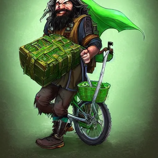 Prompt: a bearded and long haired bicycle food delivery worker with a green bag on his back in ireland, he has boots, hearthstone art style, epic fantasy style art by kim jung gi, fantasy epic digital art