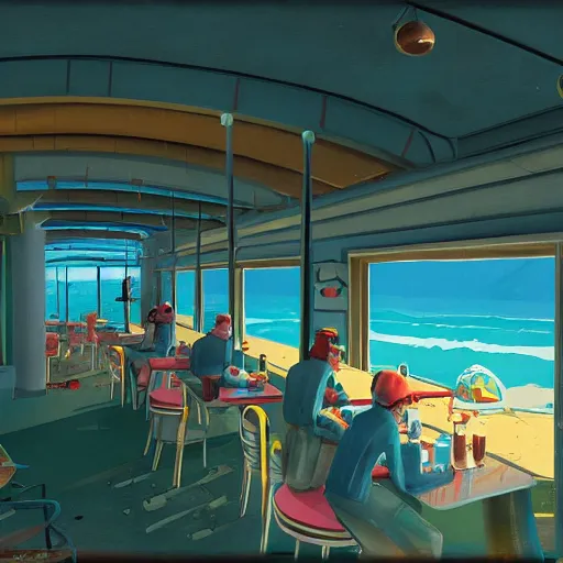 Prompt: inside diner at the beach by simon stalenhag