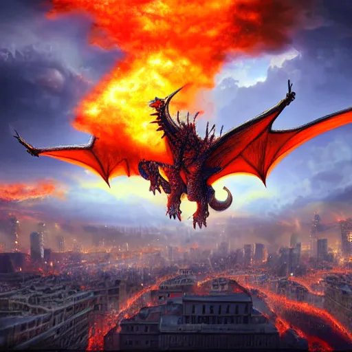 Prompt: large dragon flying over a city breathing fire, etheral, matte painting