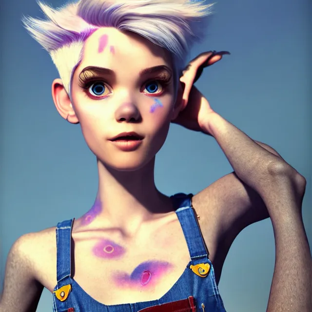 Image similar to full body pose, beautiful adult fairy, pixar, short white hair shaved sides, dirty, grungy, grunge, long sleeve, painted overalls, stacks of giant books, highly detailed, 4 k, hdr, smooth, sharp focus, high resolution, award - winning photo, artgerm, photorealistic