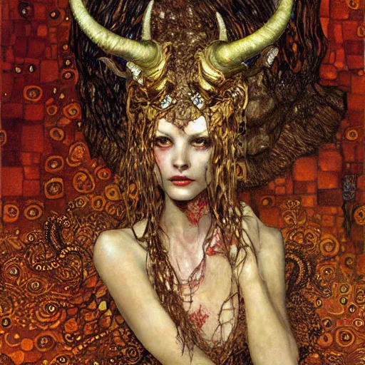 Image similar to horned demon, intricate detail, klimt, royo, whealan,