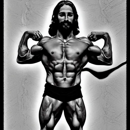 Image similar to jesus as a veiny body builder, extreme detail, 4k, realistic, photograph