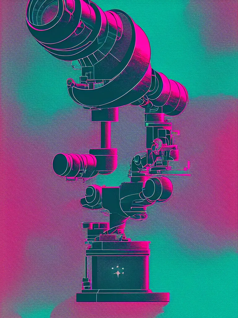 Prompt: ( ( strong dither ) ), editorial illustration scientific lab test tube telescope microscope astronaut, colorful modern, mads berg, karolis strautniekas, christopher balaskas, fine texture, dynamic composition, detailed, matte print, dynamic perspective, halftone texture, muted color, lomography, risograph
