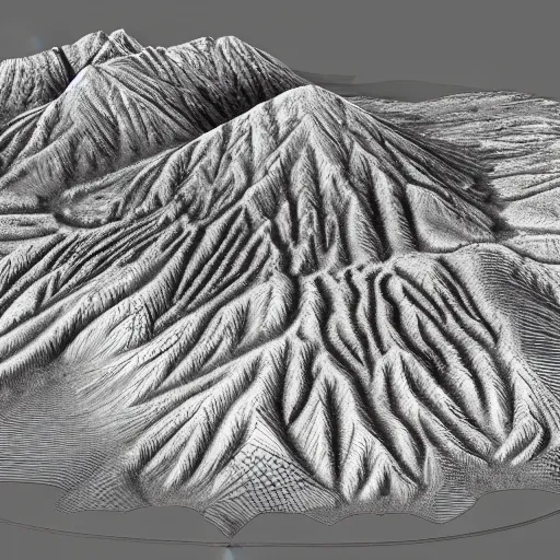 Image similar to contour map of a scottish mountain, 3 d, furnished with trees, snow patches, rivers, realistic