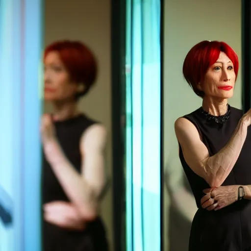 Image similar to Nana Visitor admiring her own reflection in the mirror, Getty Images, 4k, DLSR