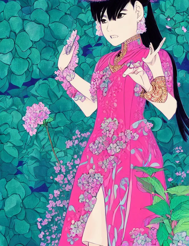 Prompt: southeast asian princess of the hydrangea mountains, wearing a lovely dress with cyberpunk elements. this gouache painting by the award - winning mangaka has an interesting color scheme, plenty of details and impeccable lighting.