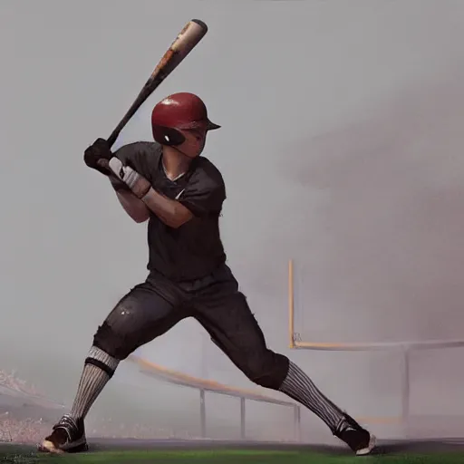 Image similar to baseball player hitting the ball with the baseball bat in the middle of the game and in front of everyone in the stadium, james gurney painting style, greg rutkowski, artstation, octane render, unreal engine 5