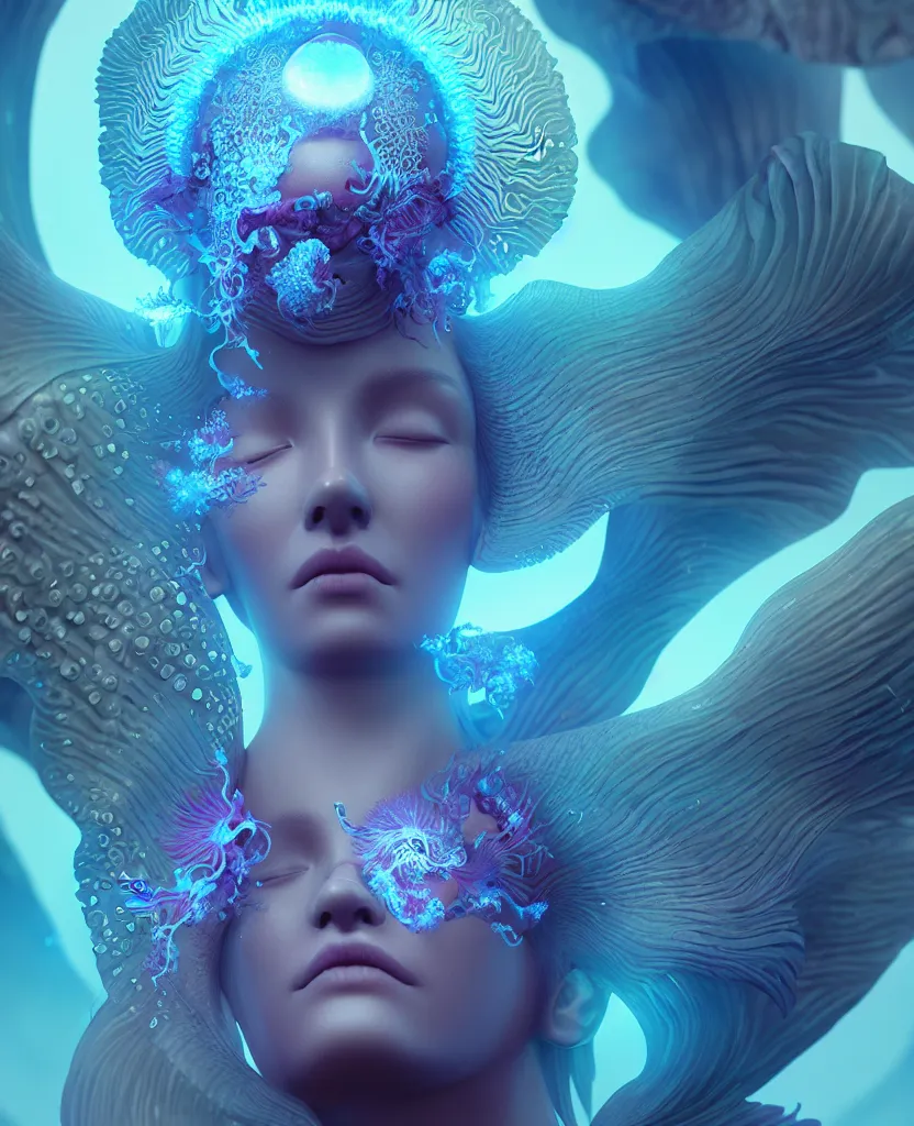 Image similar to goddess close-up portrait. orchid jellyfish phoenix head, nautilus, skull, betta fish, bioluminiscent creatures, intricate artwork by Tooth Wu and wlop and beeple. octane render, trending on artstation, greg rutkowski very coherent symmetrical artwork. cinematic, hyper realism, high detail, octane render, 8k