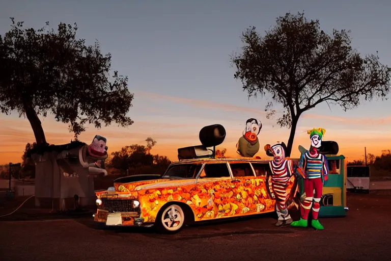 Prompt: 2 0 clowns leaving a clowncar at a california drive in, in 2 0 1 2, cutecore clowncore, bathed in the the glow of the sunset, low - light photograph, in style of henry selick