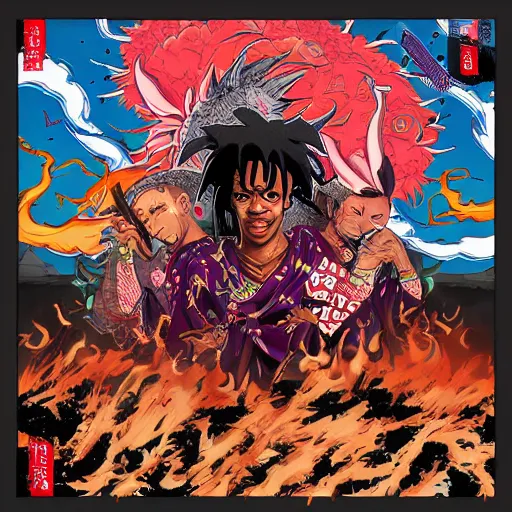 Image similar to Album art Young Thug, Playboi Carti and Lil Uzi Vert, Ninja Scrolls, Gang, Draco, Blood, red smoke, by Akira Toriyama, Trending on artstation