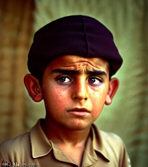Prompt: portrait of donald trump as afghan boy, green eyes in a red headscarf looking intensely at the camera, taken by steve mccurry, kodachrome 6 4 color slide film, with a nikon fm 2 camera and nikkor 1 0 5 mm ai - s f 2. 5 lens