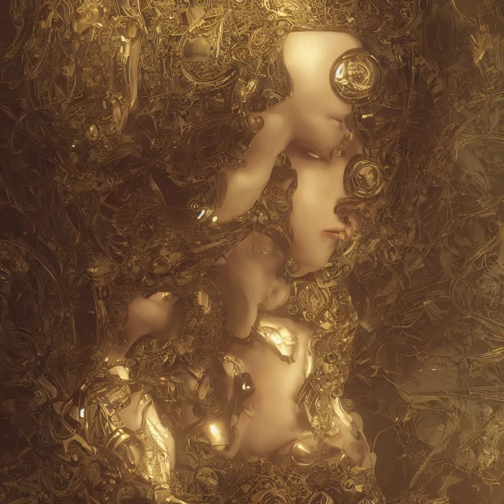 Image similar to a photo of a girl half robot, 3 d render 8 k shoot, volume light, cinematic light effect, super realistic, super wide angle, rococo ornament, cinematic, symmetrical ornament, decorative frame, by victo ngai, moebius, metal hurlant, akira, leon francois comerre, craig mullins, mucha, klimt, artstation