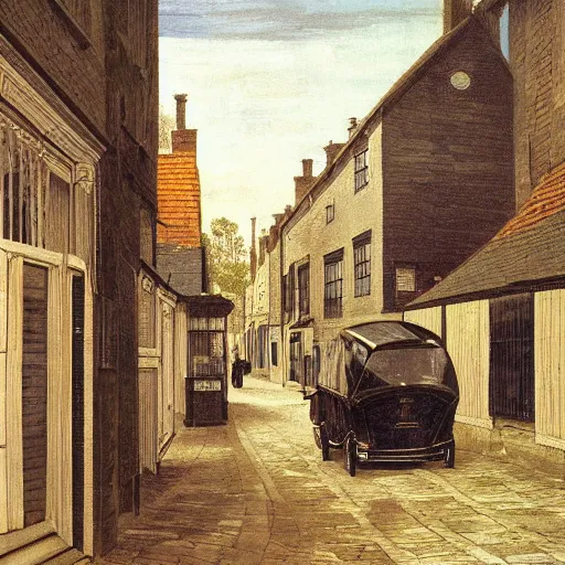 Prompt: a Victorian street in 1840, Morris Mini, by Caravaggio