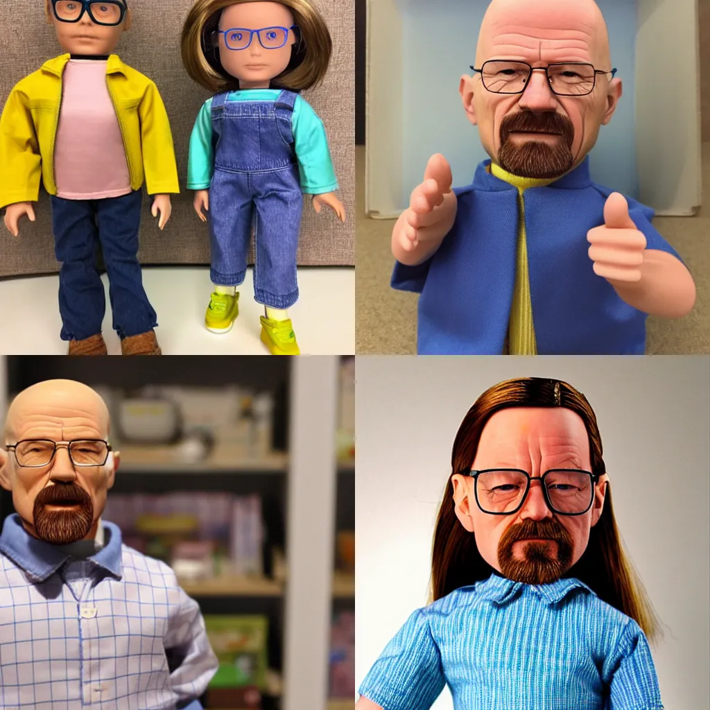 Prompt: walter white as an American girl doll toy realistic