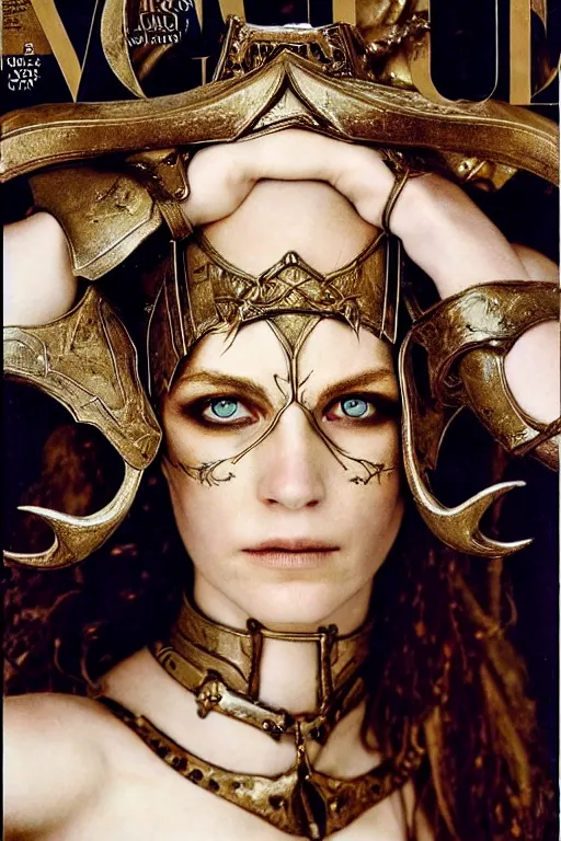 Image similar to head and shoulders portrait of an eldritch knight, elf, beautiful, female, breastplate, magical, high fantasy, d & d, by annie liebovitz, face details, extremely detailed, vogue fashion photo