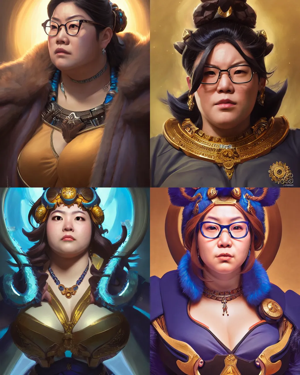 Prompt: portrait, mei from overwatch as the queen of an ancient civilization, by diego gisbert llorens and donato giancola, regal, chubby, dramatic lighting, intricate, hyper realistic, ultradetailed, centered, cinematographic, glasses