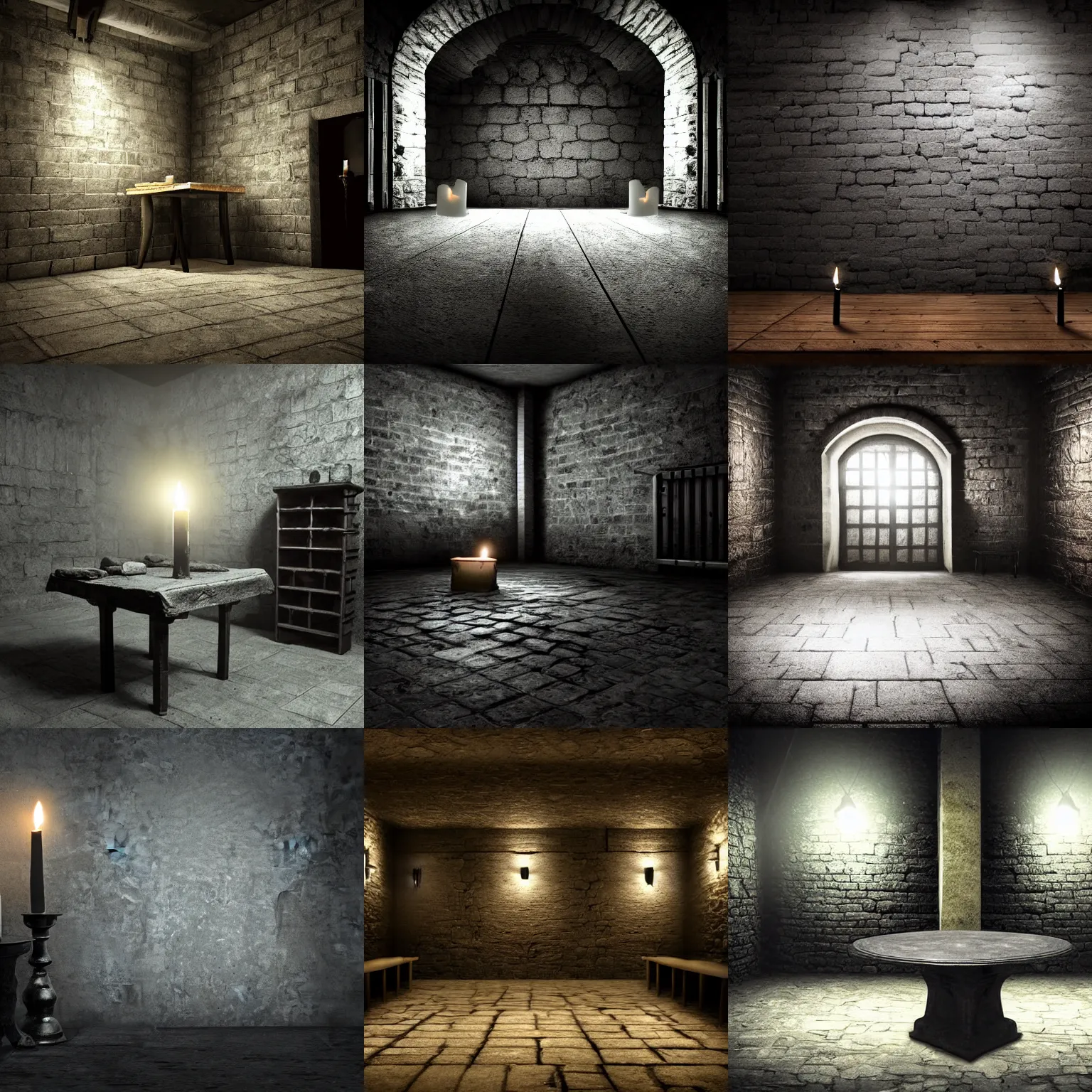 Prompt: dark gloomy dungeon room with table, low visibility, low brightness, gray stone, oppressive, shadows, candlelight, midnight