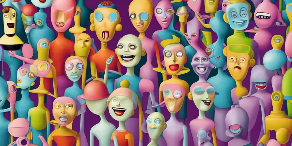 Image similar to Smooth Colorful Digital Painting by Mark Ryden in a 1950s atom-age Jetsons cartoon city, a group of 3D retro smiling dancing plastic children and robots, symmetrical faces; Photorealistic Wide-Shot Pixar RenderMan H 768