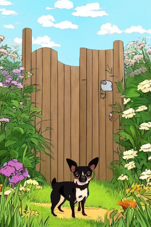 Image similar to A black and tan chihuahua looks through her garden gate, cel shaded cartoon in the style of studio Ghibli, sunny morning, cinematic lighting, summer