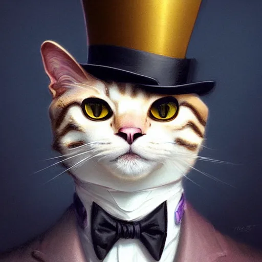 Prompt: close portrait of a fancy cat ( animal ) with a top hat and monocle, vaporwave, highly detailed, digital painting, artstation, concept art, smooth, sharp focus, illustration, art by artgerm and greg rutkowski and alphonse mucha