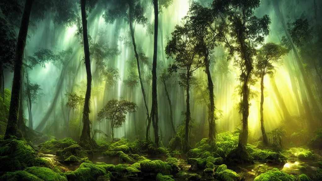 Image similar to amazing landscape photo of a tropical forest by marc adamus, beautiful dramatic lighting