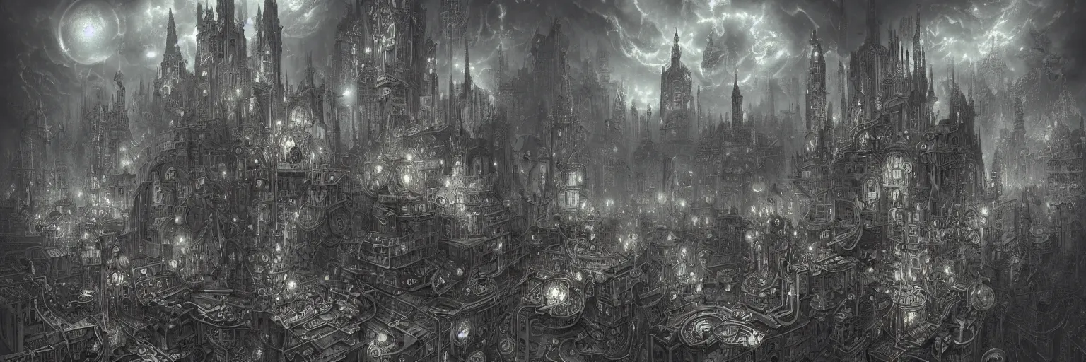 Prompt: grey and silver tones, Marc Simonetti, Mike Mignola, smooth liquid metal with detailed line work, Mandelbrot Fractal, Exquisite detail perfect symmetrical, silver details, hyper detailed, intricate ink illustration, golden ratio, city night, steampunk, smoke, neon lights, starry sky, steampunk city background, liquid polished metal, by peter mohrbacher