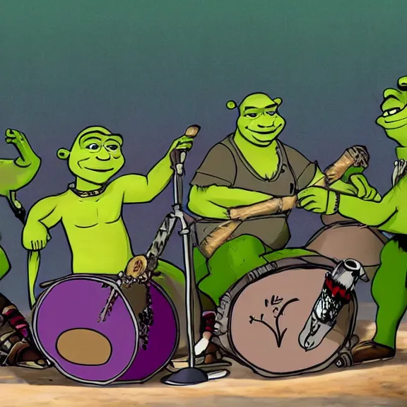 Prompt: shrek playing on drums in style of gorillaz by jamie hewlwtt