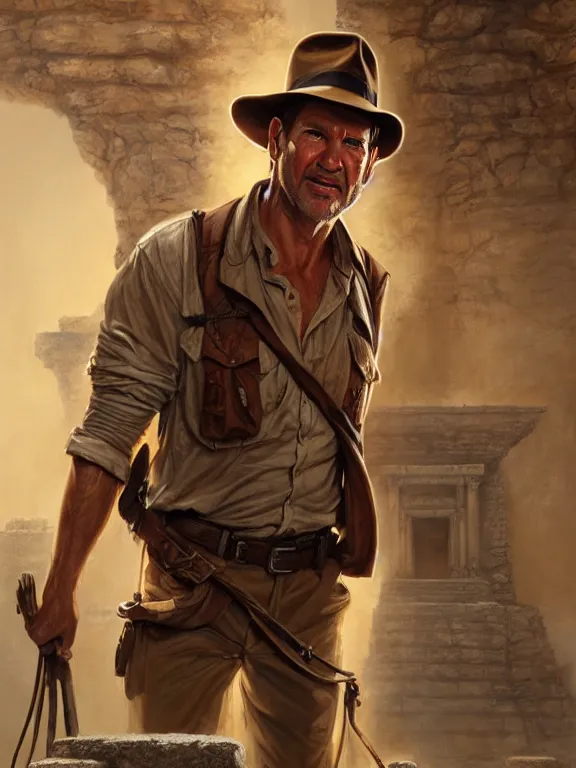 Prompt: indiana jones standing in front of an ancient temple, digital painting, extremely detailed, 4 k, intricate, brush strokes, mark arian, artgerm, bastien lecouffe - deharme