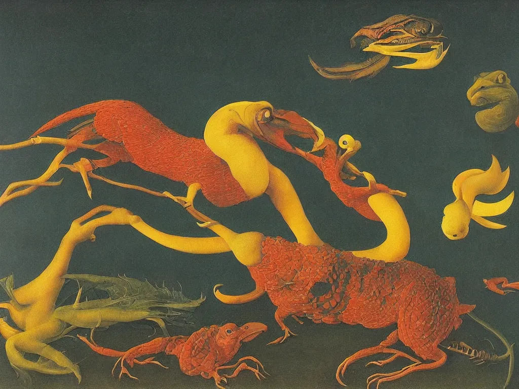 Image similar to beautiful exotic melancholy reptile at night. Painting by Jan van Eyck, Audubon, Rene Magritte, Agnes Pelton, Max Ernst, Walton Ford