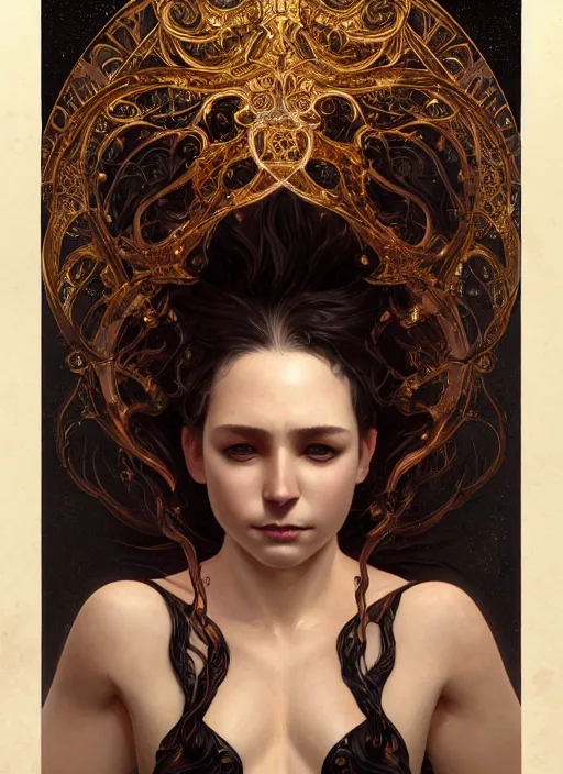 Image similar to a full body perspective of a stout preistess of the elemental darkness, crooked nose, wet, fantasy, shiny, intricate, elegant, highly detailed, ultra definition, digital painting, artstation, vray, concept art, smooth, high speed photography, illustration, art by artgerm and greg rutkowski and alphonse mucha and james jean