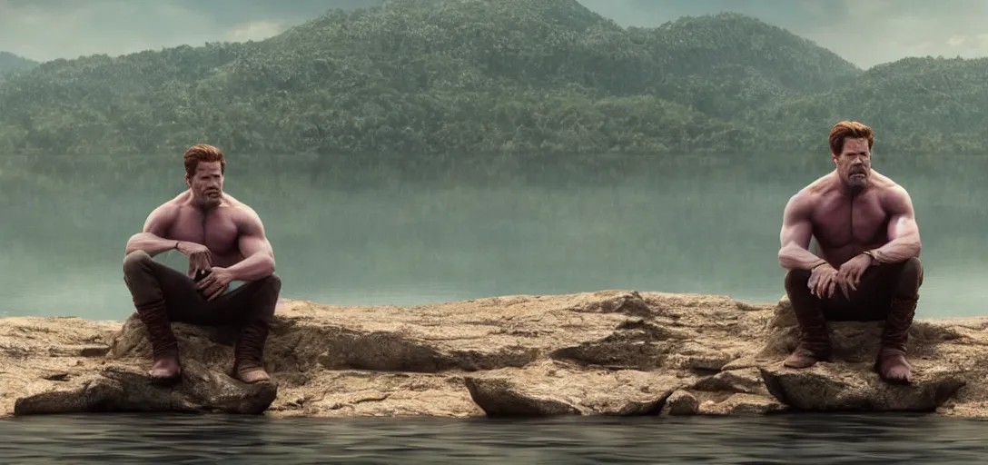 Image similar to a very high resolution image from a new movie. thanos sitting on chair in a lake, photorealistic, photography, directed by wes anderson