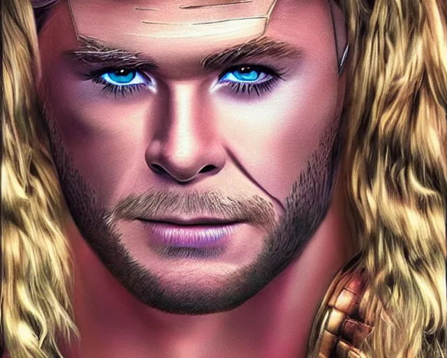 Prompt: chris hemsworth as thor with tons of drag queen makeup, digital art, amazing detail, photorealistic