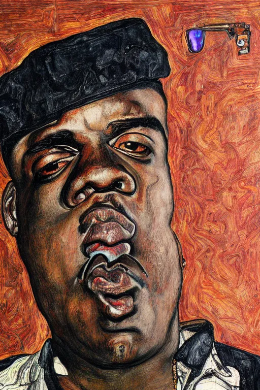 Image similar to a portrait of biggie smalls pointing an uzi toward the viewer by egon schiele, masterpiece, hyperdetailed, complex, intricate, old school, 9 0 s, 4 k, trending on artstation