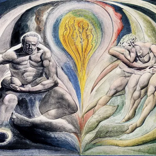 Image similar to joe biden as demiurge creating 1 9 5 0 s world, painting by william blake and jon mcnauhgton