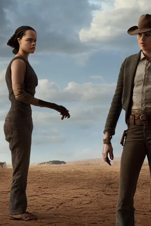 Image similar to Tessa Thompson and Evan Rachel Wood star in HBO's Westworld, octane render, Pixar