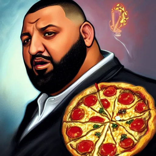 Prompt: portrait of DJ Khaled with wavy big hairstyle holding a pizza pie drooling as a Grand Theft Auto Cover, elegant, intricate, headshot, highly detailed, digital painting, artstation, concept art, sharp focus, illustration, art by artgerm and greg rutkowski and alphonse mucha
