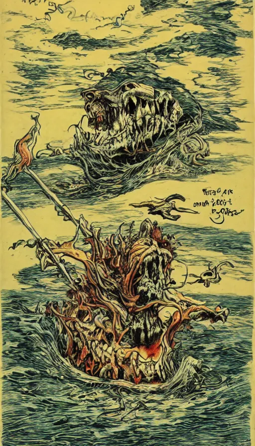 Image similar to man on boat crossing a body of water in hell with creatures in the water, sea of souls, by ed roth